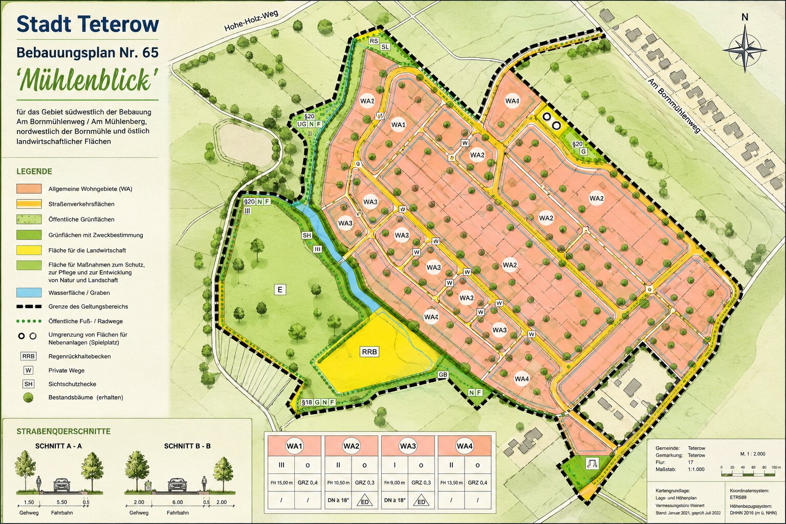 Bebauungsplan Nr. 65 'Mühlenblick', Stadt Teterow — Übersichtsplan mit Baufeldern, Erschließung und Grünflächen