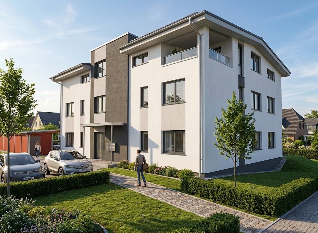 Visualisierung des Mehrfamilienhauses mit Eigentumswohnungen im Mühlenblick Teterow: dreigeschossiger heller Putzbau mit Hauseingang, Stellplätzen und begrünten Wegen