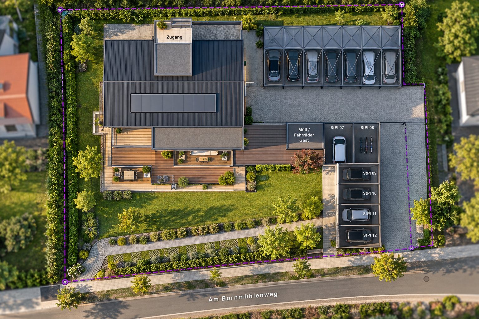 Visualisierung des Grundstücks am Bornmühlenweg von oben: Haus mit Terrassen, Garten, Carport mit sieben Stellplätzen, weitere Stellplätze und Müll-/Fahrradraum