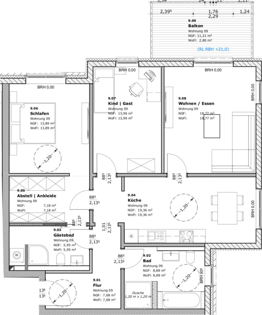 Beispielgrundriss große 3-Zimmer-Wohnung