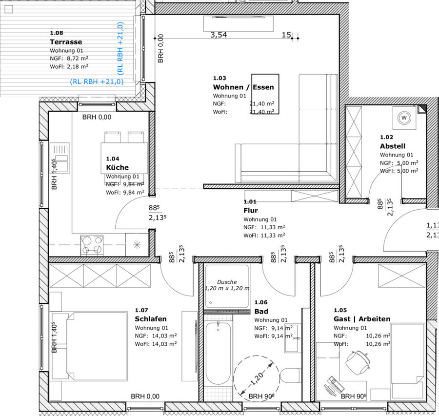Beispielgrundriss 3-Zimmer-Wohnung